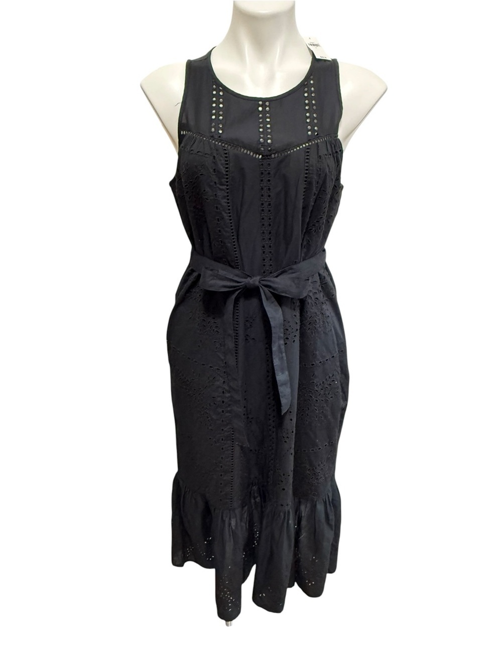 The Gap black cotton eyelet sleeveless midi dress tie-waist tiered skirt S NWT